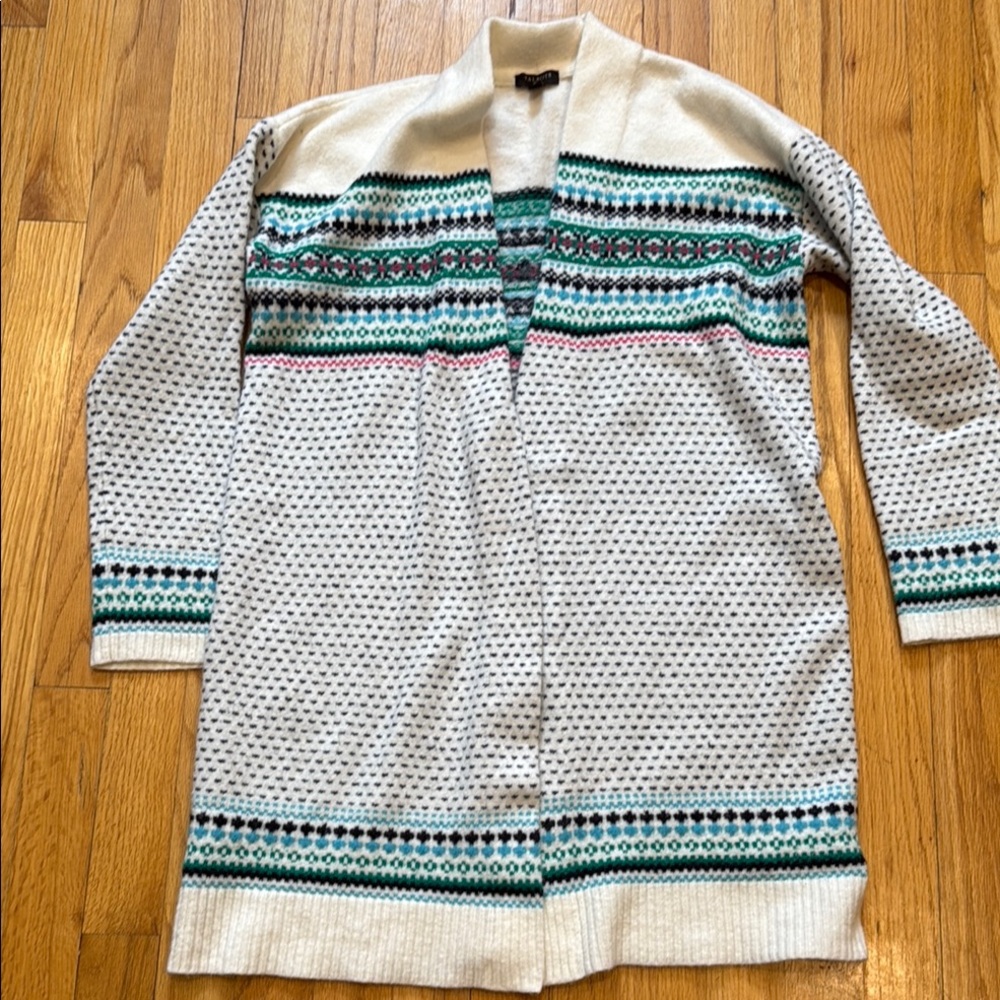 Talbots Green and White Cardigan Sweater with Geometric Patterns